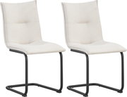 Zwei moderne Freischwinger-Esszimmerstühle mit hellbeigem Stoffbezug und schwarzem Metallgestell, in schräger Vorderansicht vor weißem Hintergrund.