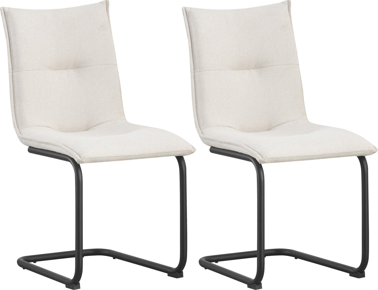 Zwei moderne Freischwinger-Esszimmerstühle mit hellbeigem Stoffbezug und schwarzem Metallgestell, in schräger Vorderansicht vor weißem Hintergrund.