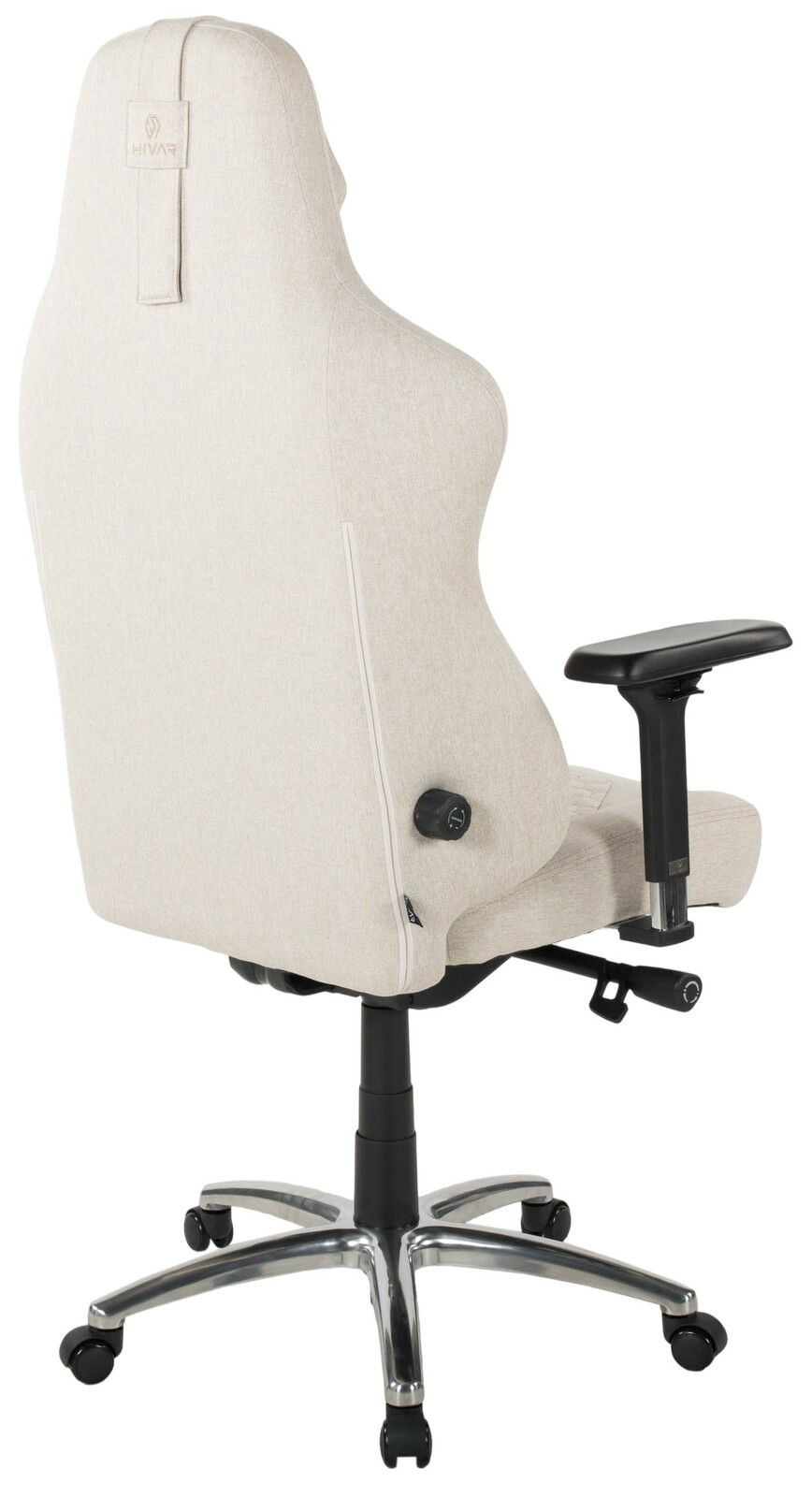 HIVAR Gaming Stuhl ORBICAL XL Rückansicht eines beigen Gaming-Stuhls mit verstellbaren Armlehnen und einem stabilen Metallfuß auf Rollen.