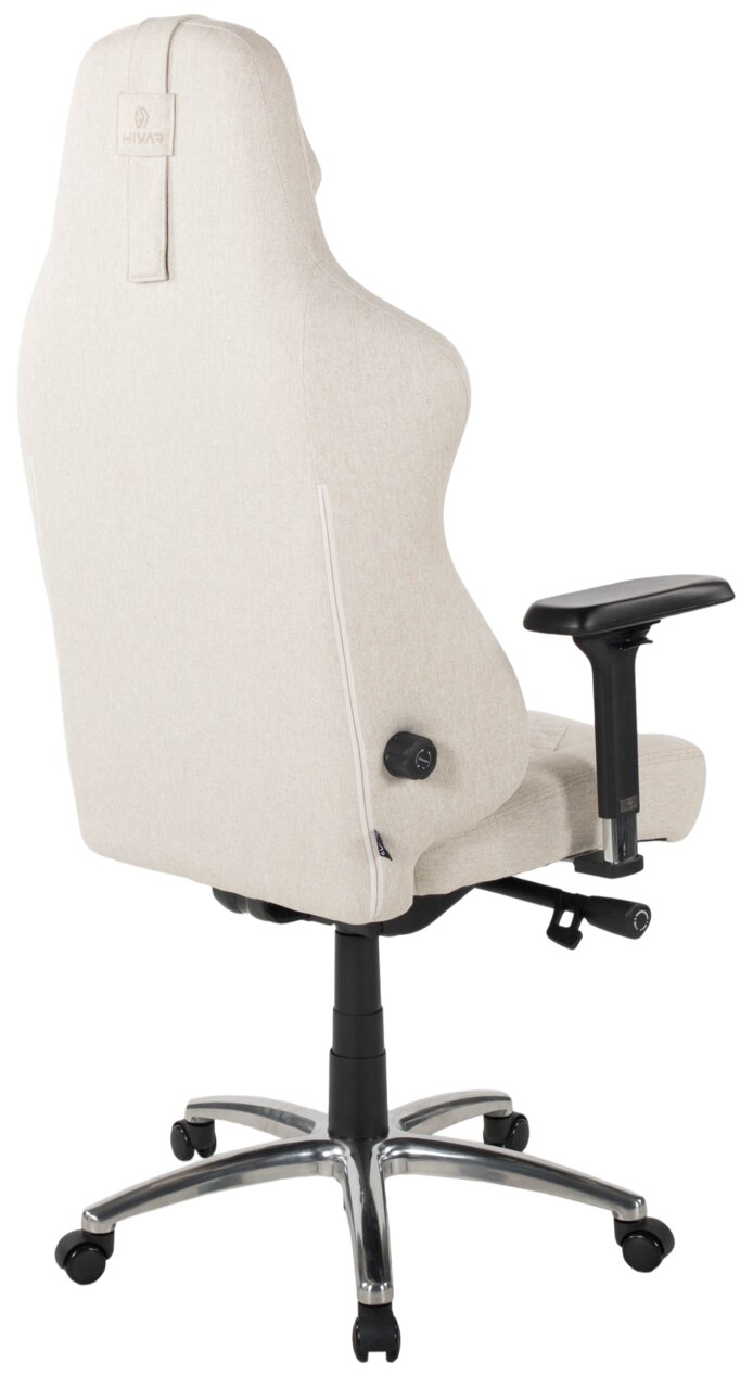 HIVAR Gaming Stuhl ORBICAL XL Rückansicht eines beigen Gaming-Stuhls mit verstellbaren Armlehnen und einem stabilen Metallfuß auf Rollen.