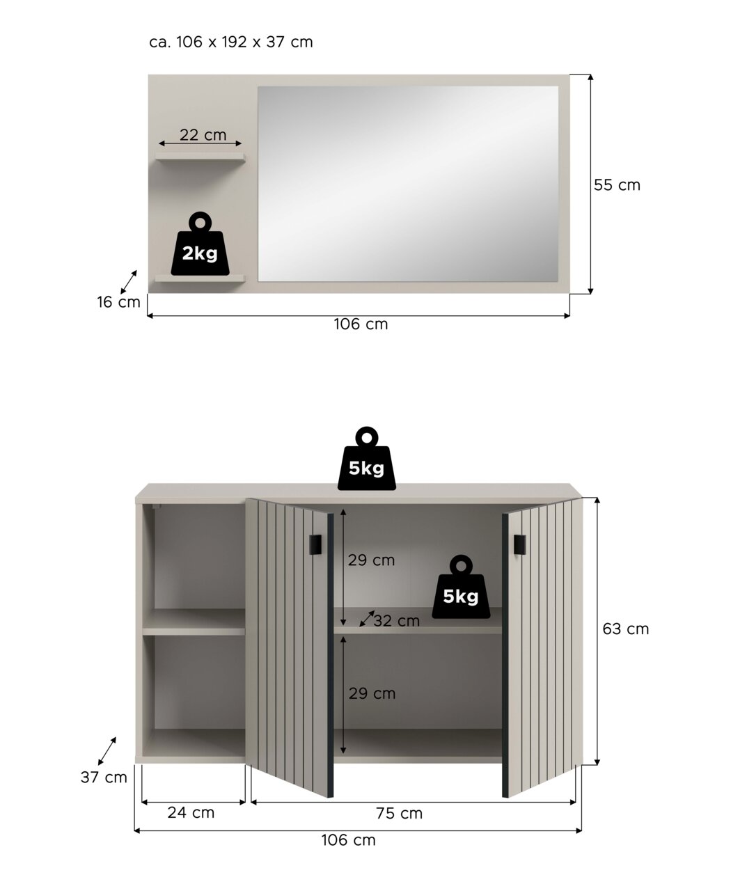 Frontansicht: Set aus Wandspiegel (ca. 106 x 55 cm) mit seitlichen Ablagen und passendem Sideboard/Kommode (ca. 106 x 63 x 37 cm) in hellgrau, mit Maßen und Traglastangaben (2 kg/5 kg) dargestellt.