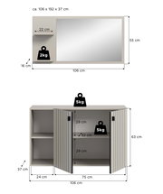Frontansicht: Set aus Wandspiegel (ca. 106 x 55 cm) mit seitlichen Ablagen und passendem Sideboard/Kommode (ca. 106 x 63 x 37 cm) in hellgrau, mit Maßen und Traglastangaben (2 kg/5 kg) dargestellt.