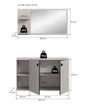 Frontansicht: Set aus Wandspiegel (ca. 106 x 55 cm) mit seitlichen Ablagen und passendem Sideboard/Kommode (ca. 106 x 63 x 37 cm) in hellgrau, mit Maßen und Traglastangaben (2 kg/5 kg) dargestellt.