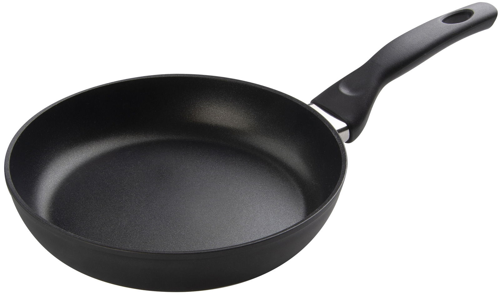 Schwarze Pfanne mit ergonomischem Griff, seitliche Perspektive