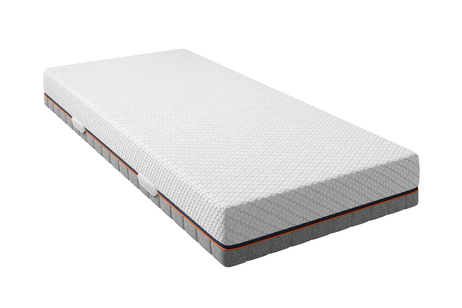 Schlaraffia TTFK-Matratze H5 PULSE 220 TFK Seitliche Perspektive auf eine weiße TTFK-Matratze mit grauem Rand und orangenem Streifen.