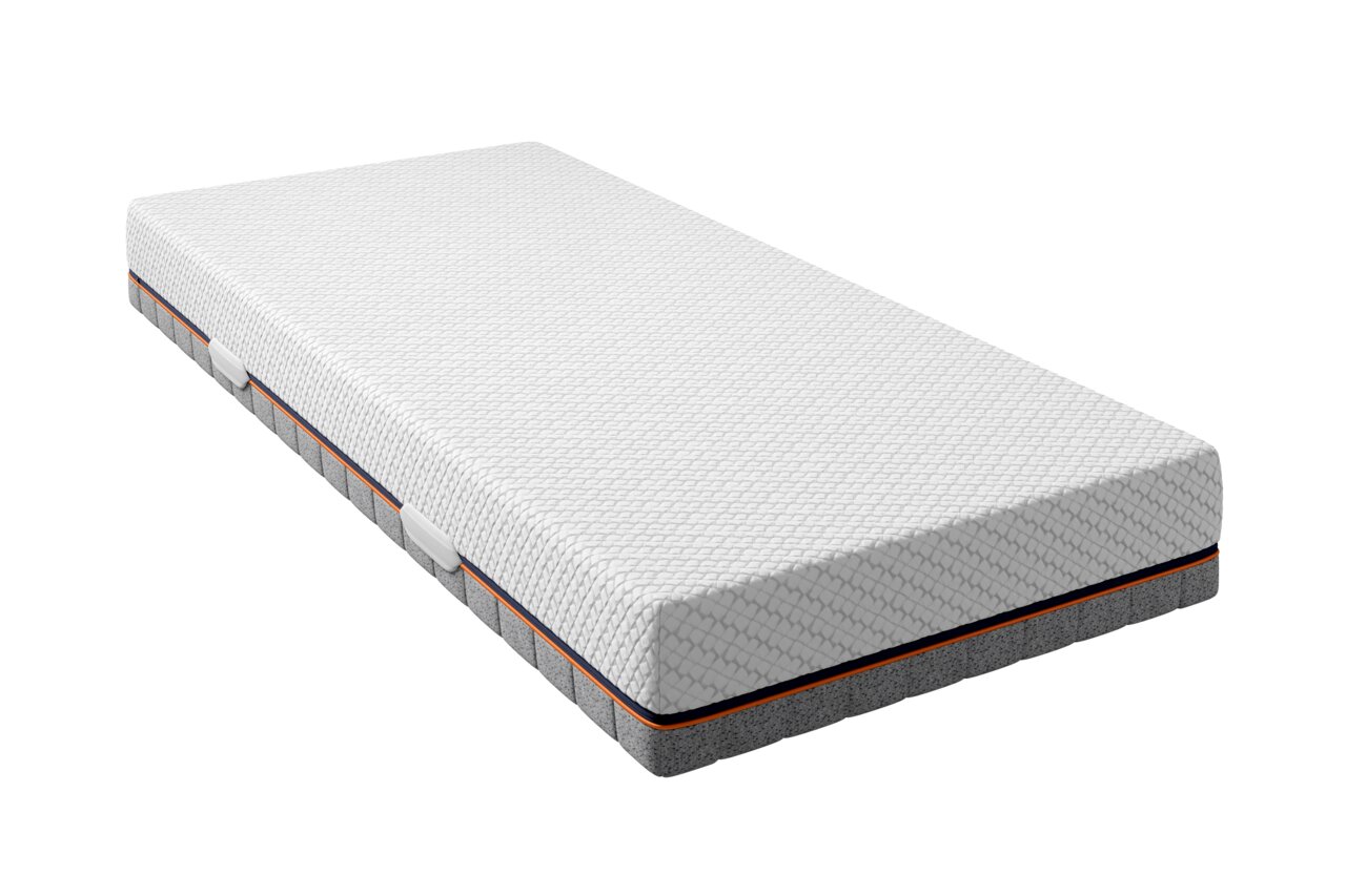 Schlaraffia TTFK-Matratze H5 PULSE 220 TFK Seitliche Perspektive auf eine weiße TTFK-Matratze mit grauem Rand und orangenem Streifen.