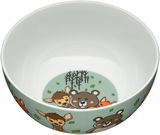 Schüssel mit Waldtiermotiven, darunter ein Bär, ein Fuchs und ein Reh, auf hellgrünem Hintergrund. Perspektive von oben.