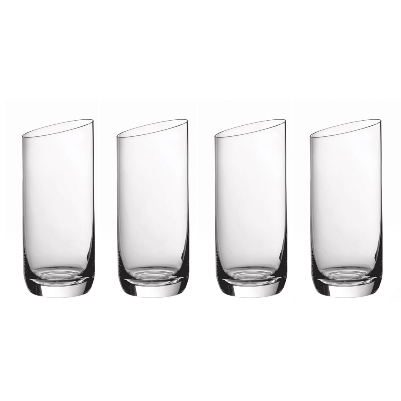 Vier elegante Longdrinkbecher aus klarem Glas, seitliche Perspektive.