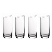 Vier elegante Longdrinkbecher aus klarem Glas, seitliche Perspektive.