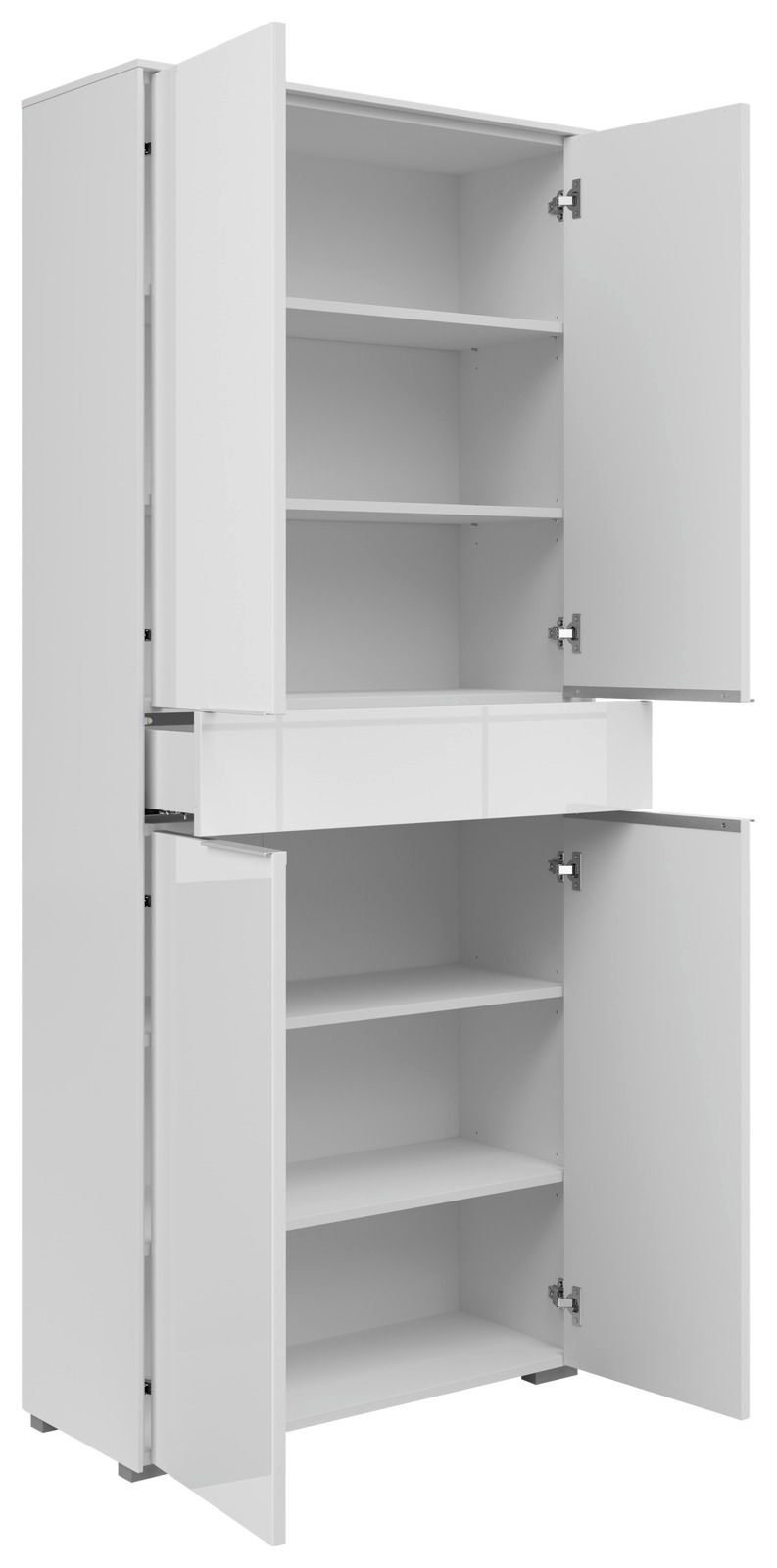 Weißer Aktenschrank mit vier Türen und einer Schublade, geöffnet, seitliche Perspektive