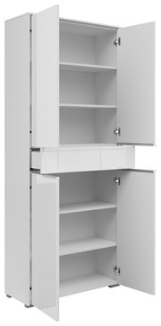 Weißer Aktenschrank mit vier Türen und einer Schublade, geöffnet, seitliche Perspektive