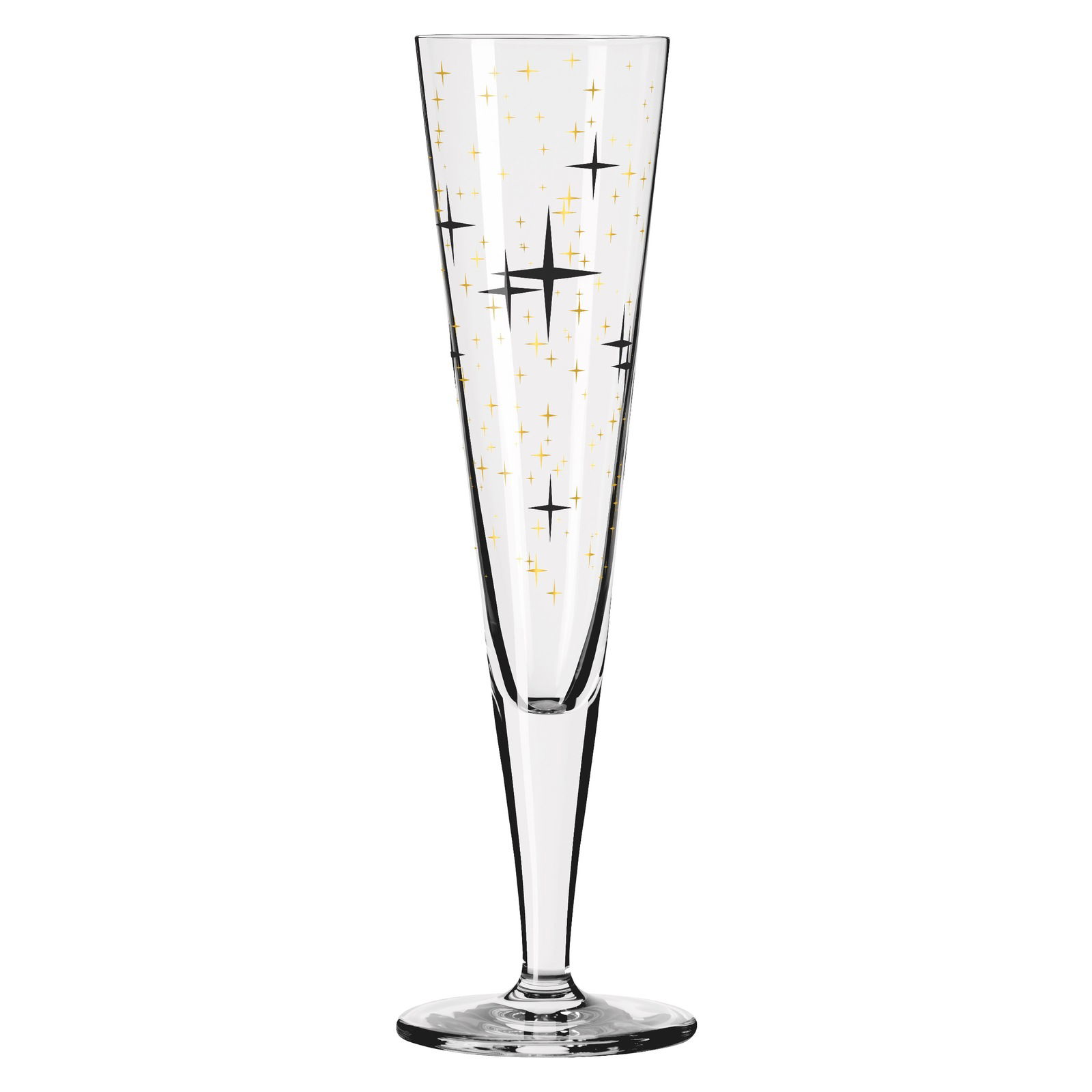Champagnerglas mit goldenen und schwarzen Sternen, frontal betrachtet