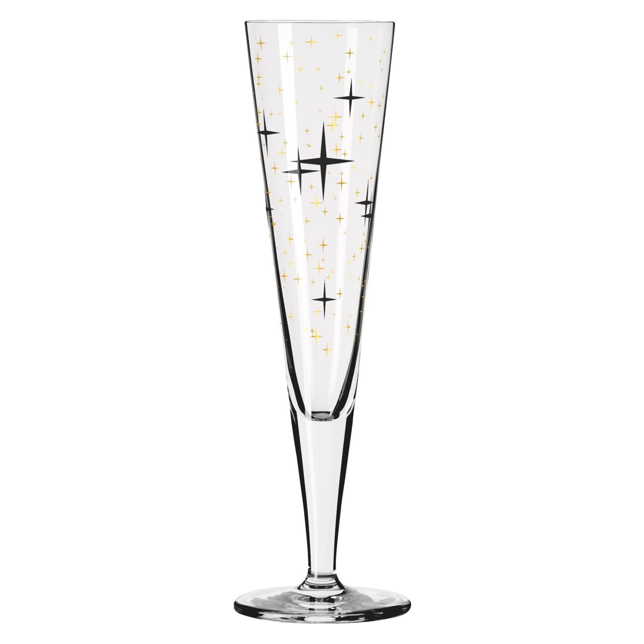 Champagneglas met gouden en zwarte sterren, gezien van voren