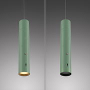 Zylindrische Akku-Pendelleuchte in Grün, von der Seite betrachtet, mit ein- und ausgeschaltetem Licht.