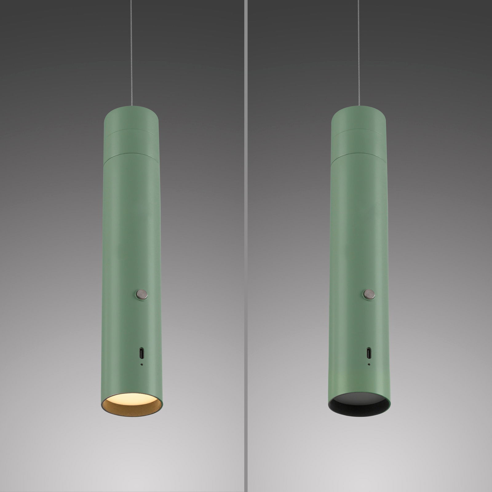 Zylindrische Akku-Pendelleuchte in Grün, von der Seite betrachtet, mit ein- und ausgeschaltetem Licht.