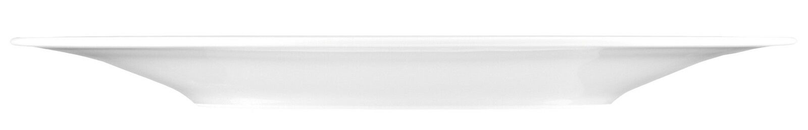 Seitenansicht eines weißen Frühstückstellers mit leicht erhöhtem Rand, 23 cm Durchmesser.