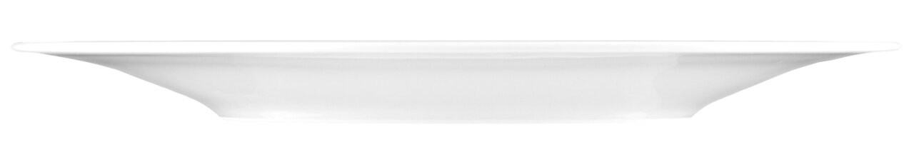 Seitenansicht eines weißen Frühstückstellers mit leicht erhöhtem Rand, 23 cm Durchmesser.