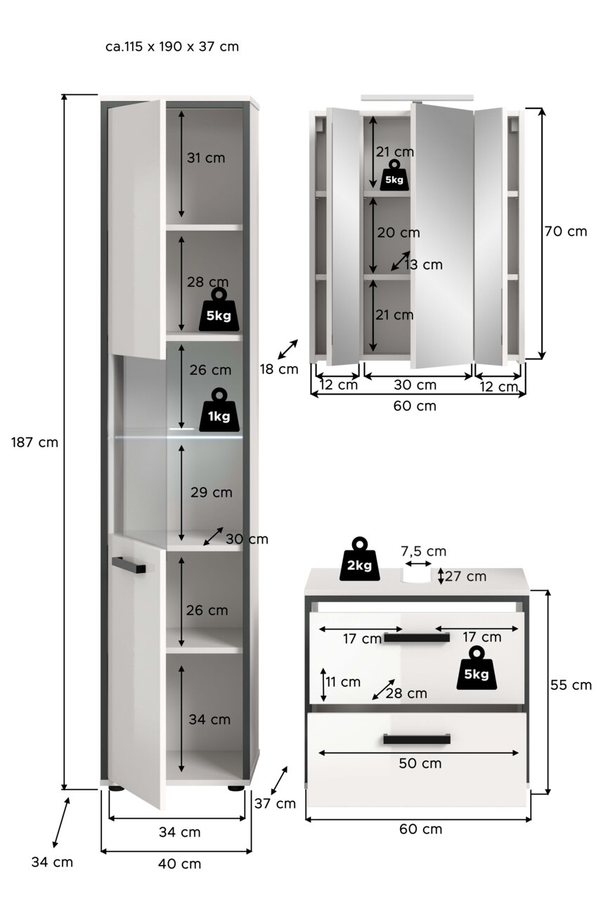 Maßgrafik eines weißen Badmöbel-Sets mit Hochschrank, Spiegelschrank und Waschtischunterschrank, Türen/Schubladen geöffnet, mit eingezeichneten Maßen und Belastungsangaben; Ansicht frontal mit teils seitlicher Perspektive.