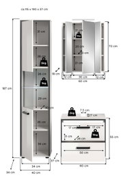 Maßgrafik eines weißen Badmöbel-Sets mit Hochschrank, Spiegelschrank und Waschtischunterschrank, Türen/Schubladen geöffnet, mit eingezeichneten Maßen und Belastungsangaben; Ansicht frontal mit teils seitlicher Perspektive.