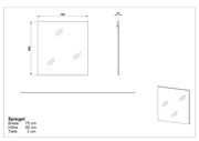 Rechteckiger Spiegel mit den Maßen 75 cm Breite, 80 cm Höhe und 3 cm Tiefe, seitliche und perspektivische Ansicht.