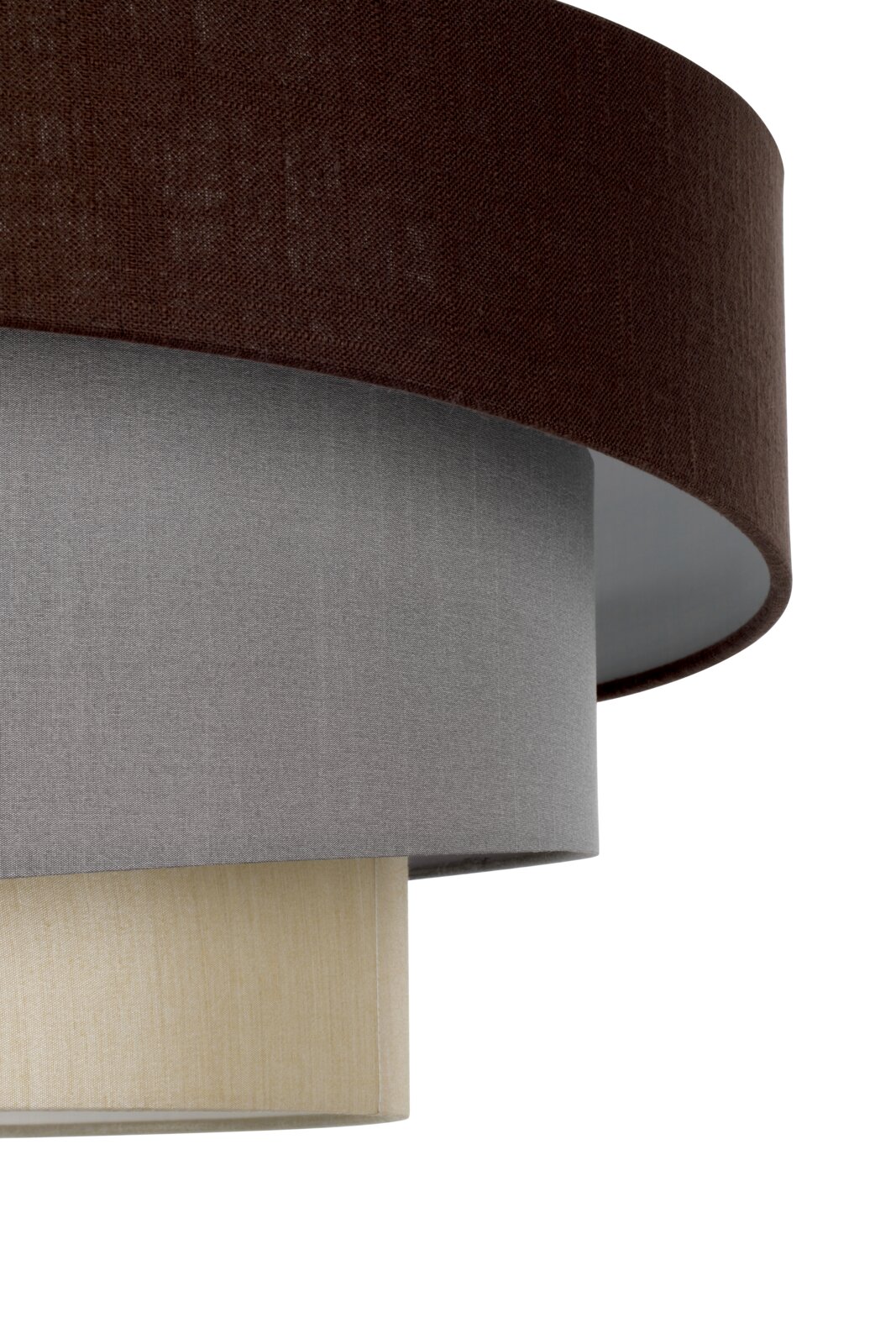 Novel Hanglamp METKOVIC Close-up schuin zijaanzicht van een moderne stoffen lampenkap in drie lagen (donkerbruin, grijs en beige) op witte achtergrond
