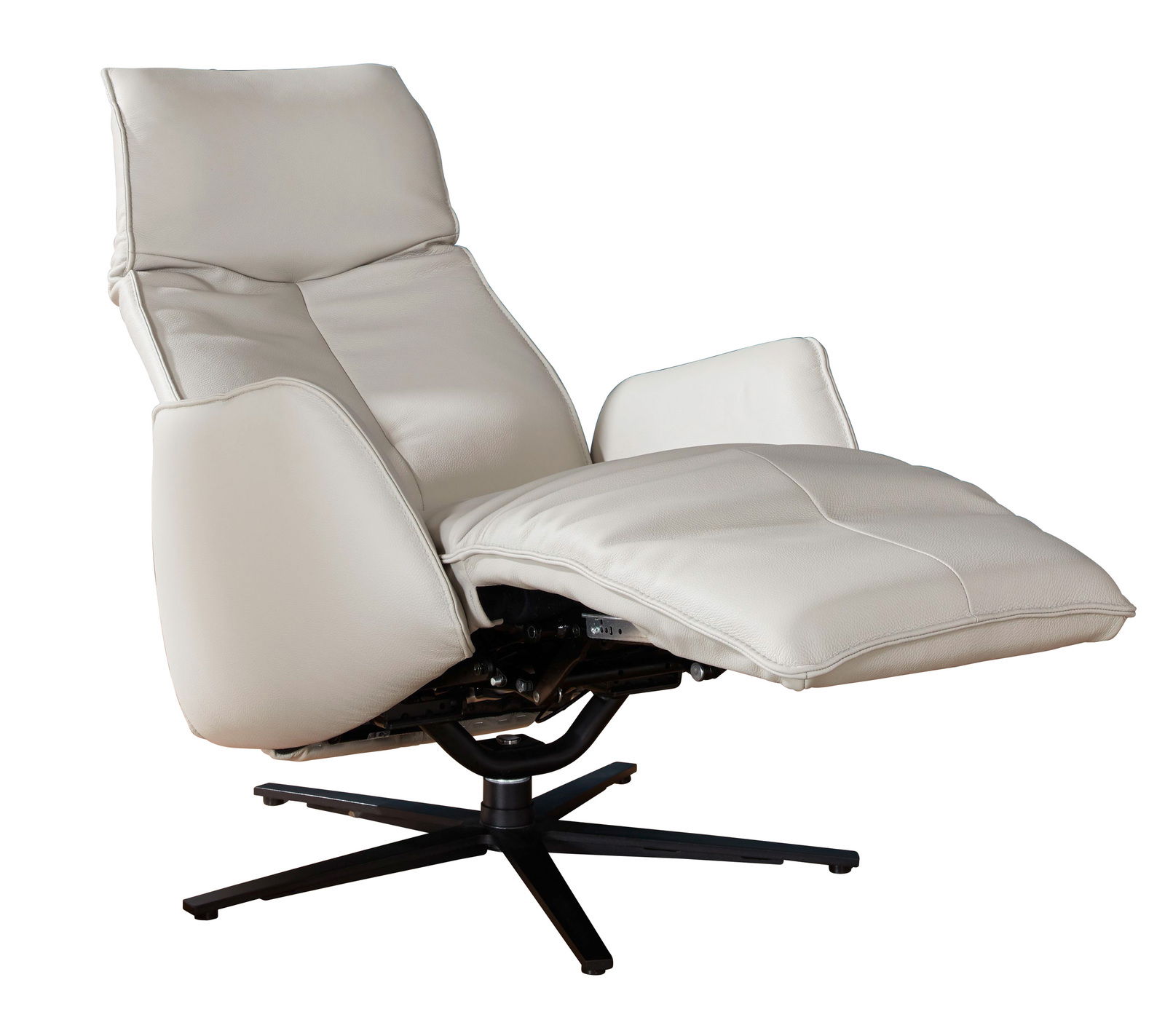 Beiger Fernsehsessel mit verstellbarer Rückenlehne und Fußstütze, seitliche Perspektive