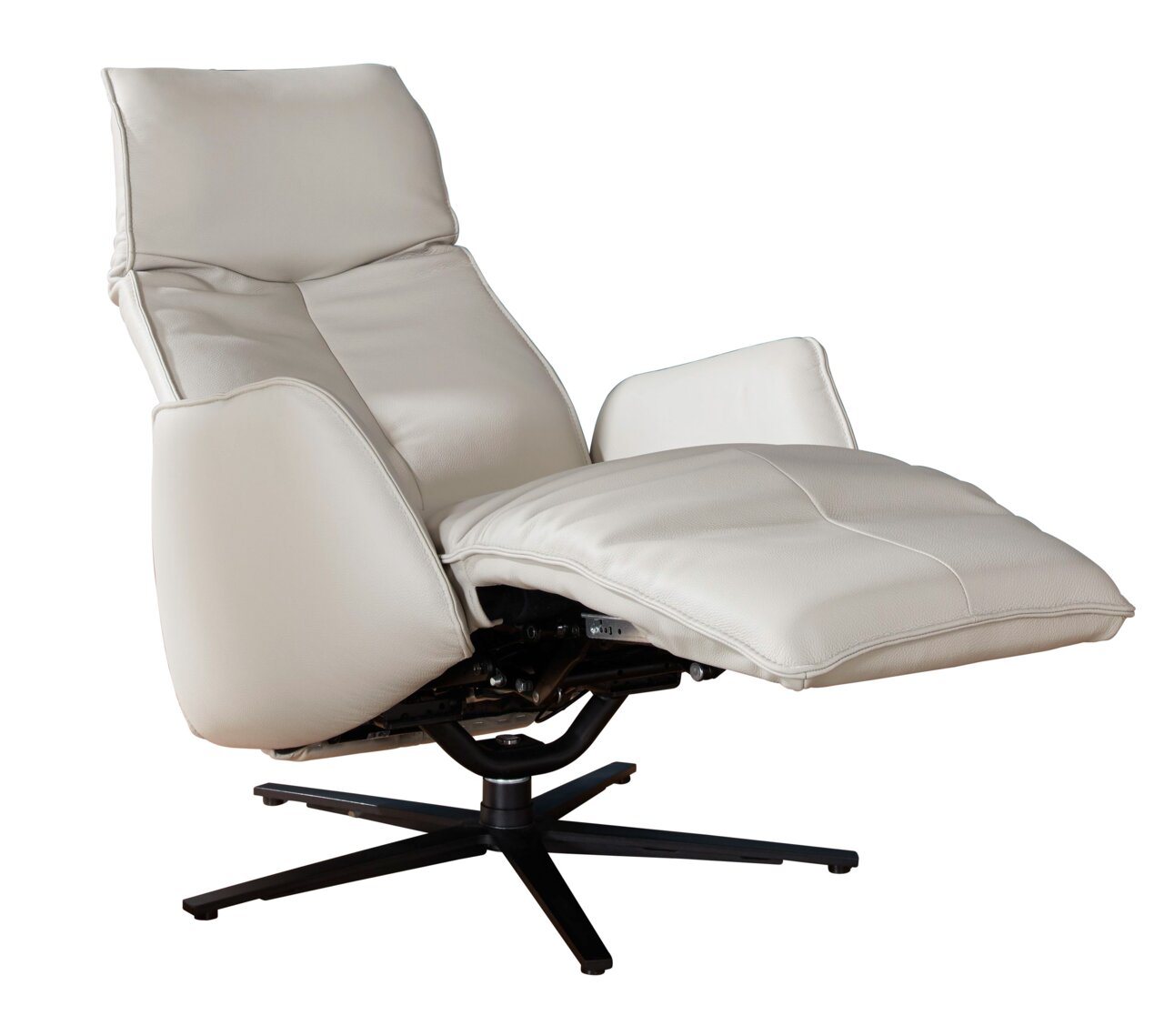 Beiger Fernsehsessel mit verstellbarer Rückenlehne und Fußstütze, seitliche Perspektive