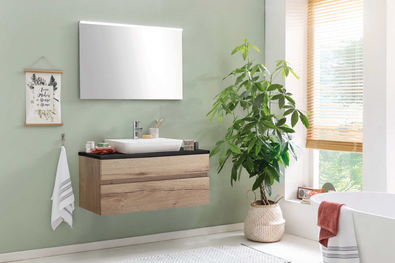 Novel Badblock NV.312 Moderner Badblock mit Holzoptik, Waschbecken und Spiegel, seitliche Perspektive
