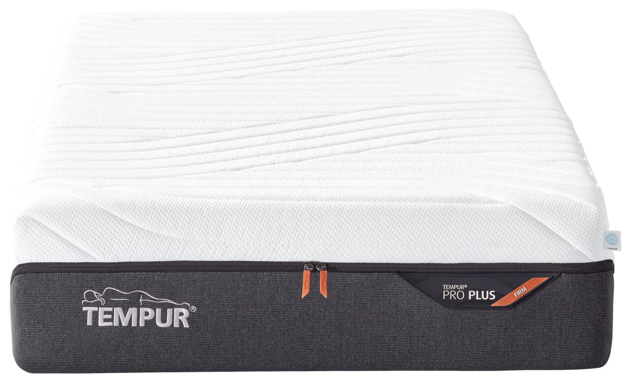 Seitliche Ansicht einer TEMPUR Pro Plus Viscomatratze 80x200 firm mit weißem Bezug und grauem Rand.