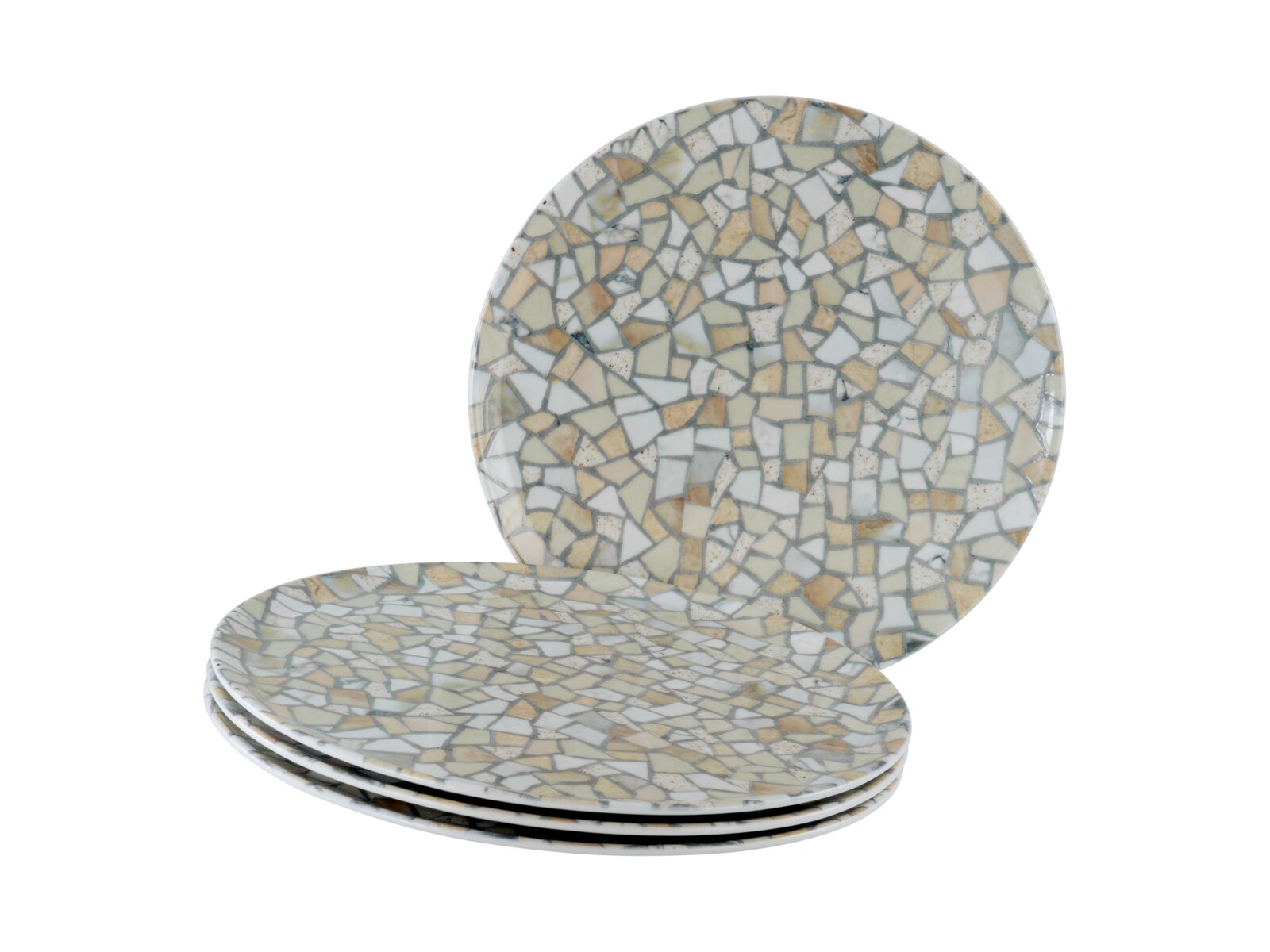 Creatable Pizzateller 4-tlg STONE COLLECTIONF Set aus vier runden Speisetellern mit Terrazzo-Mosaikmuster in Beige, Grau und Weiß, vorne gestapelt mit einem Teller im Hintergrund aufrecht, Ansicht leicht von oben und frontal