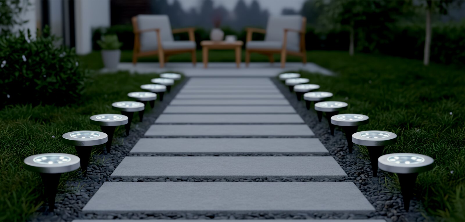 Reihen von runden LED-Garten-Wegeleuchten entlang eines modernen Steinplatten-Gartenwegs, bodennahe Frontperspektive in Richtung Sitzgruppe im Hintergrund