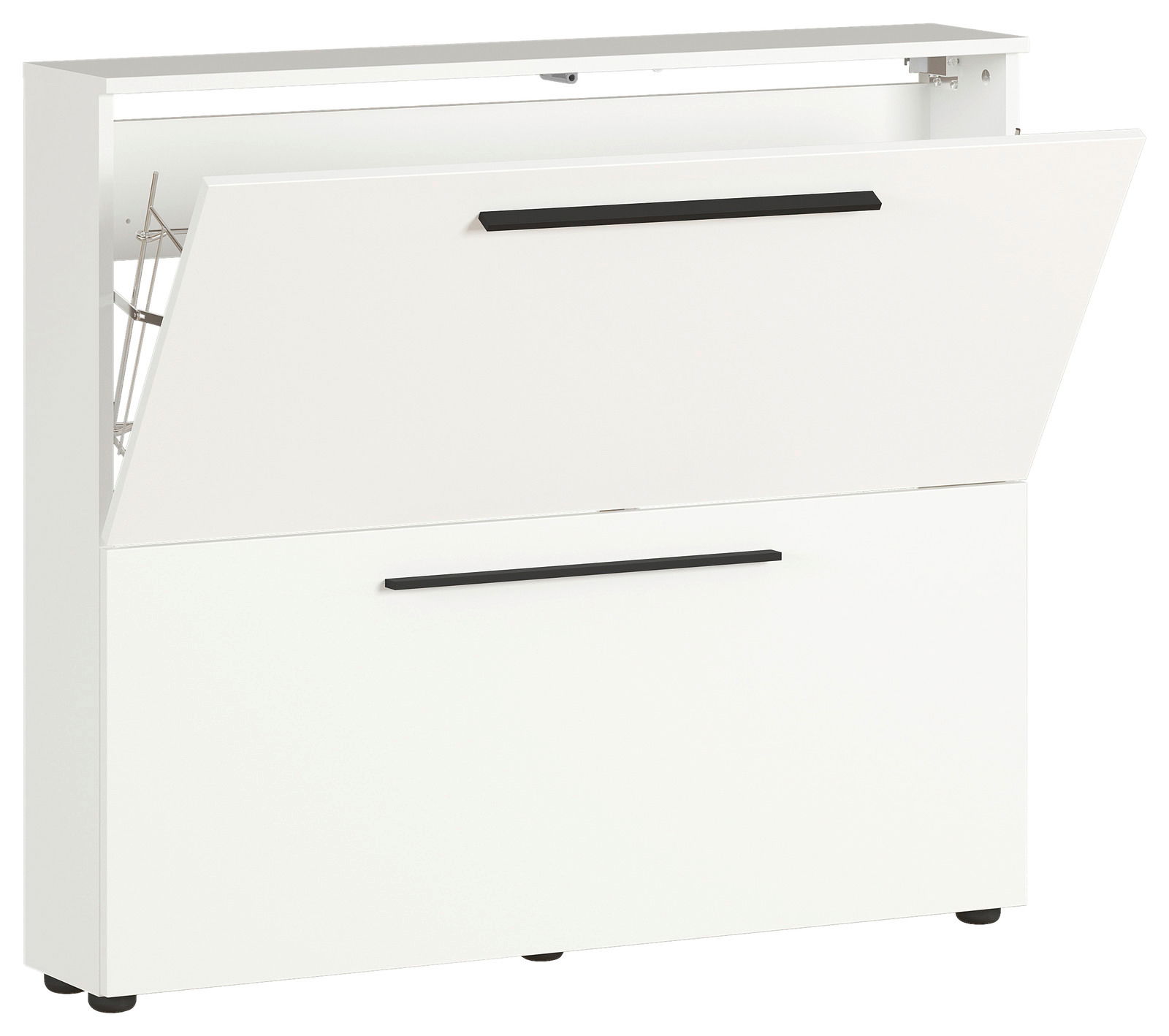 Weißer Schuhschrank mit zwei Klappen, seitliche Perspektive