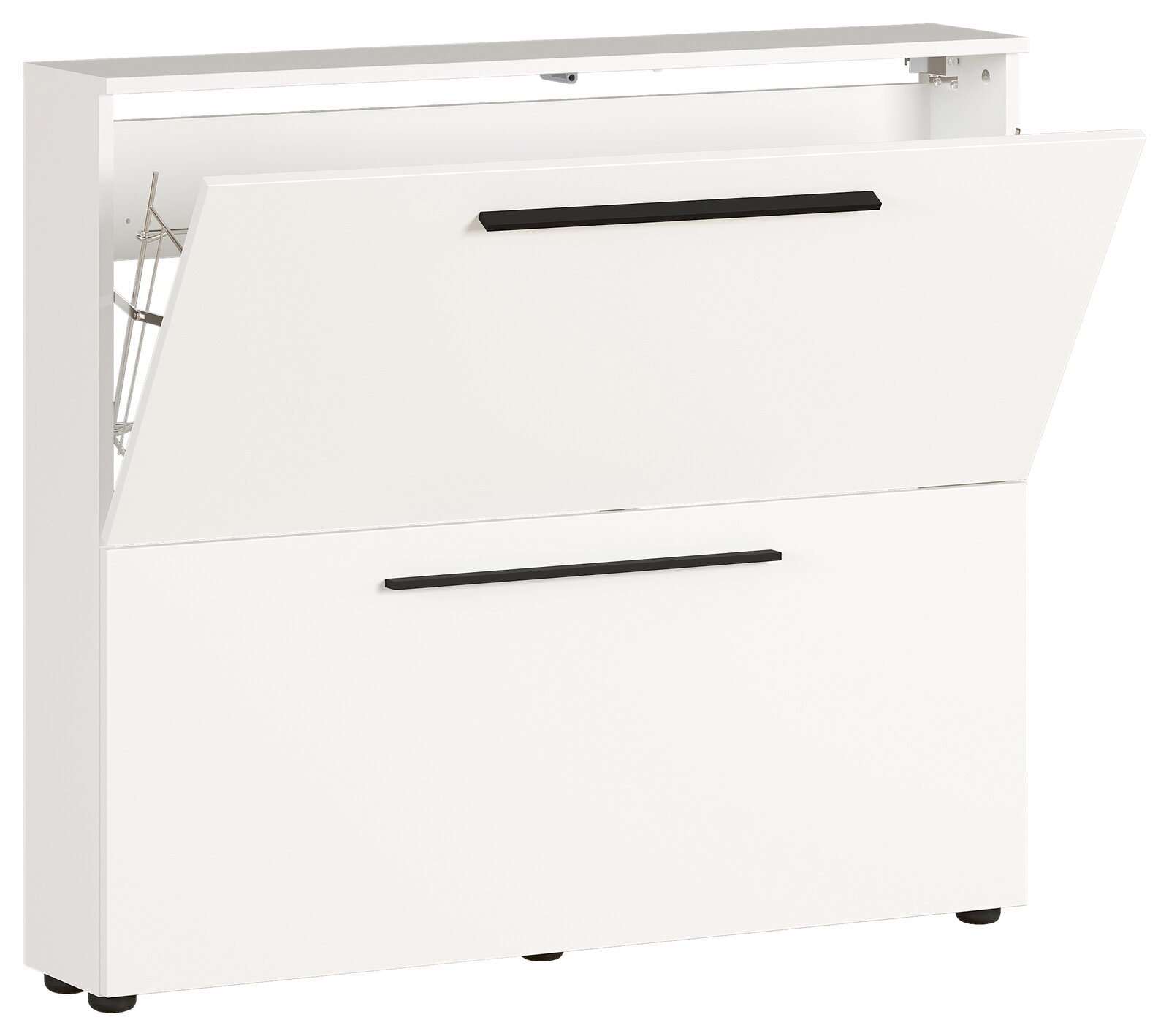 Weißer Schuhschrank mit zwei Klappen, seitliche Perspektive