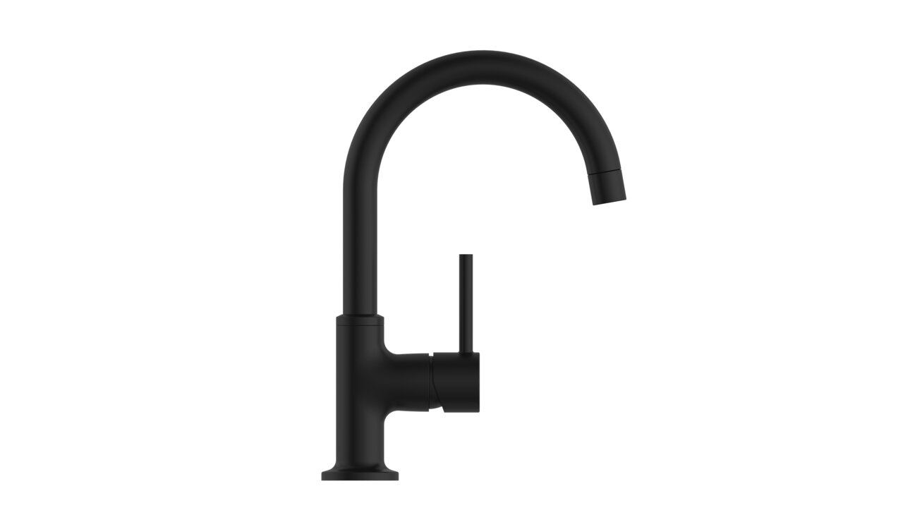 Wasserwerk Waschtischarmatur WT14 Schwarze Waschtischarmatur mit gebogenem Auslauf, seitlicher Hebel, Seitenansicht