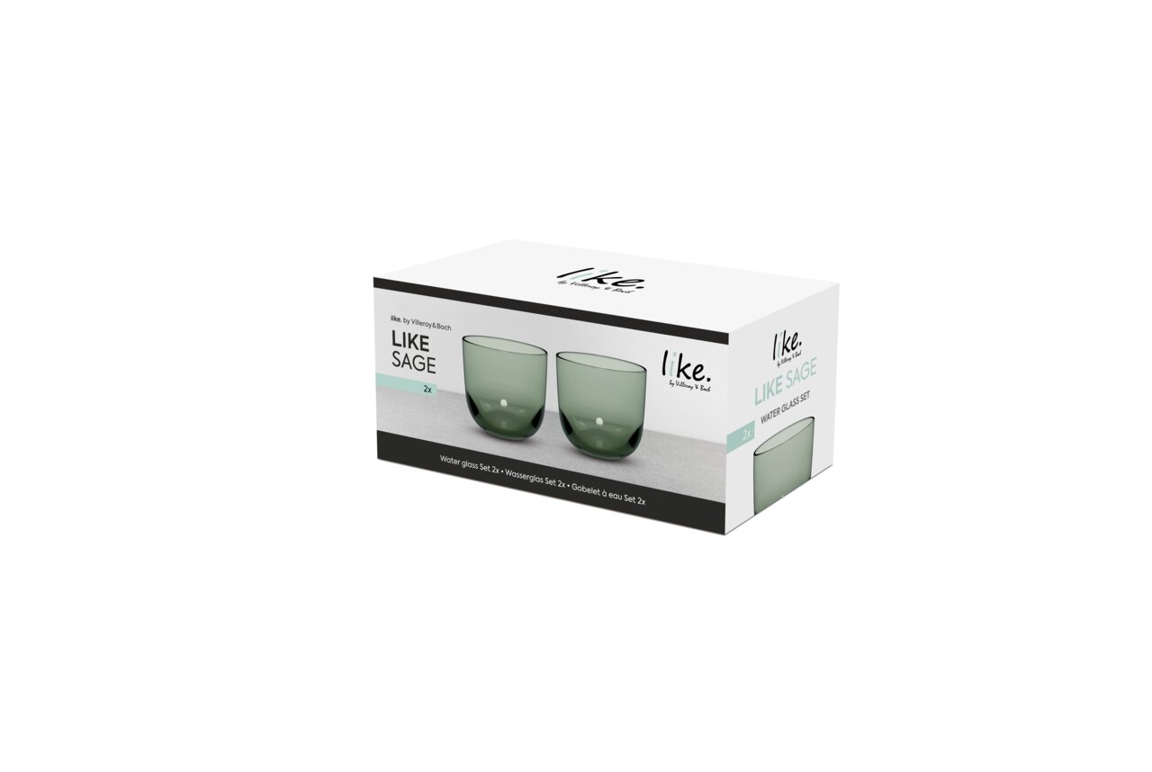 Verpackung eines 2-teiligen Wasserglas-Sets in Salbeigrün, seitliche Perspektive