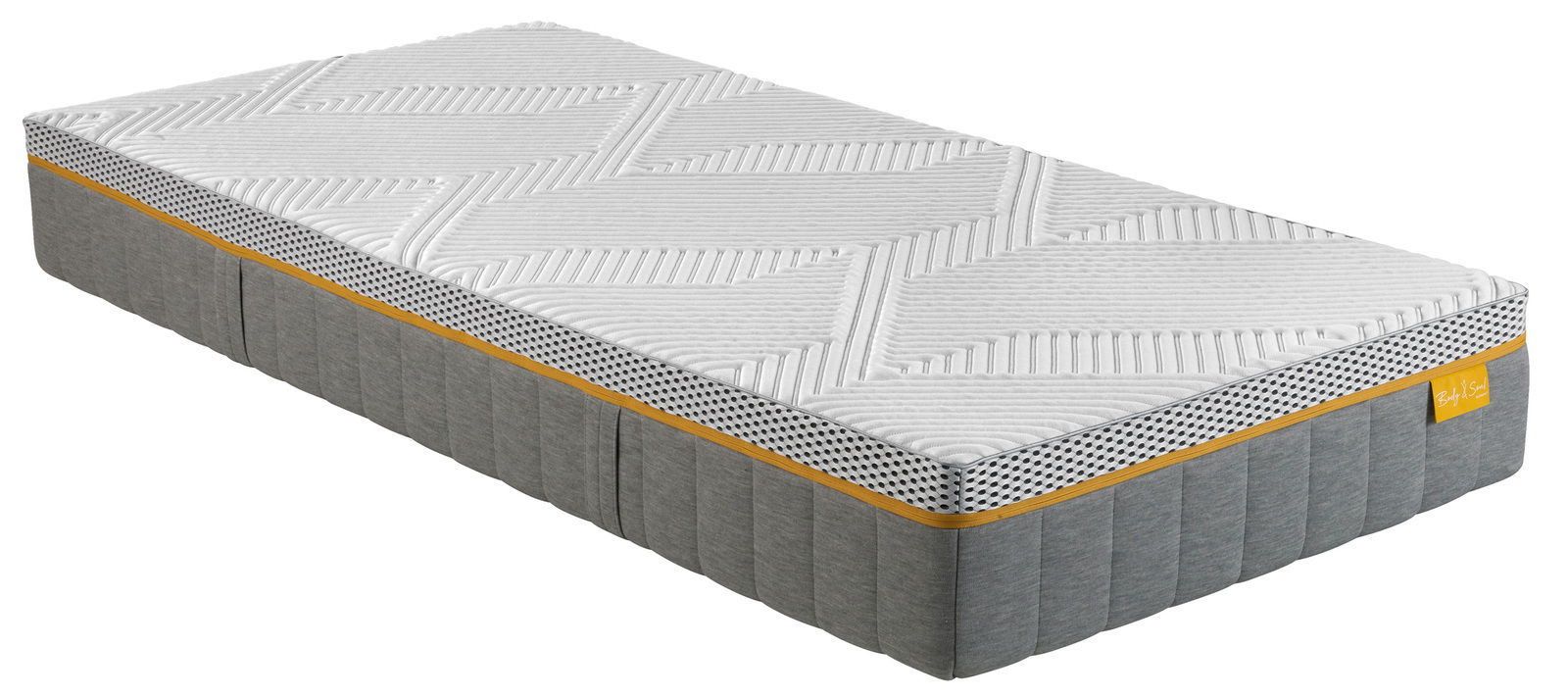irisette Matratze 90x200 soft BODY&SOUL Seitliche Ansicht einer irisette Matratze 90x200 BODY&SOUL mit gestepptem weißen Bezug und grauem Rand.