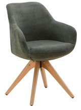 Grüner Armlehnstuhl mit Holzbeinen, seitliche Perspektive