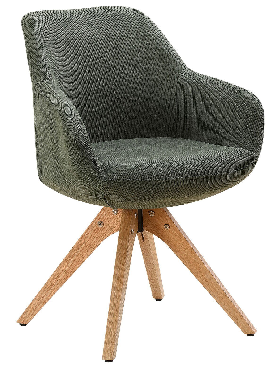 Z2 Armlehnstuhl CHARLY Grüner Armlehnstuhl mit Holzbeinen, seitliche Perspektive