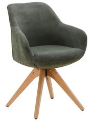 Grüner Armlehnstuhl mit Holzbeinen, seitliche Perspektive