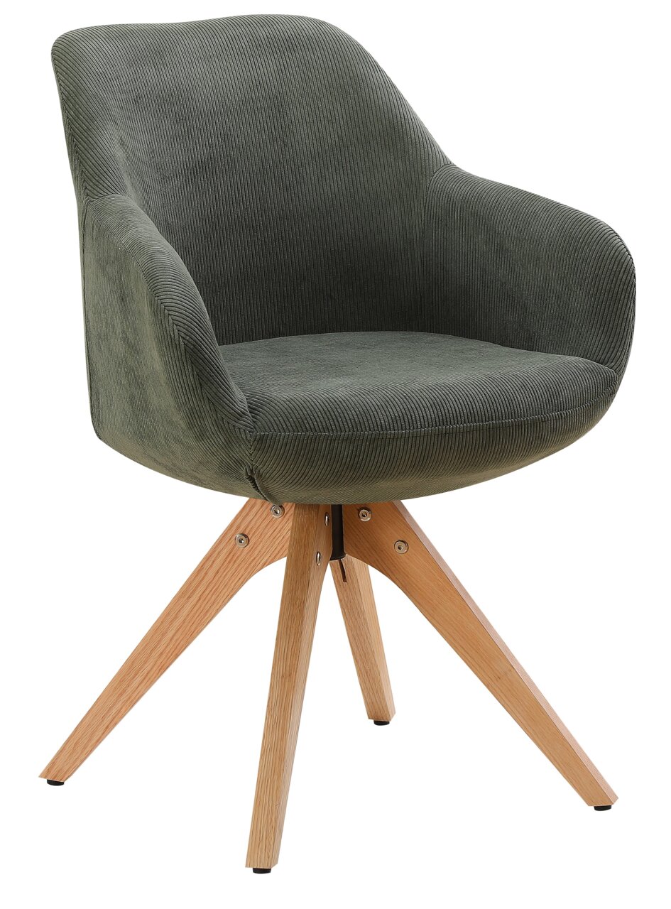 Grüner Armlehnstuhl mit Holzbeinen, seitliche Perspektive