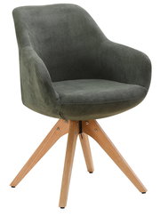 Grüner Armlehnstuhl mit Holzbeinen, seitliche Perspektive