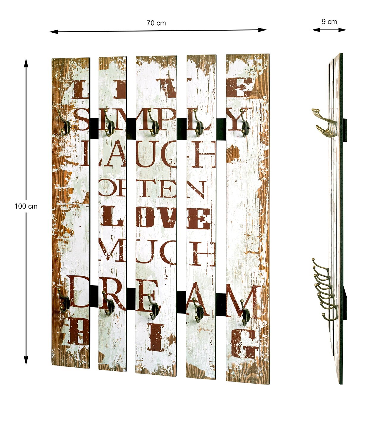 Vintage Wandgarderobe aus Holzlatten im Shabby-Chic mit Aufschrift „Live Simply Laugh Often Love Much Dream Big“, 7 Metallhaken, Maße ca. 70 x 100 x 9 cm, Ansicht von vorn mit zusätzlicher Seitenansicht (Perspektive).