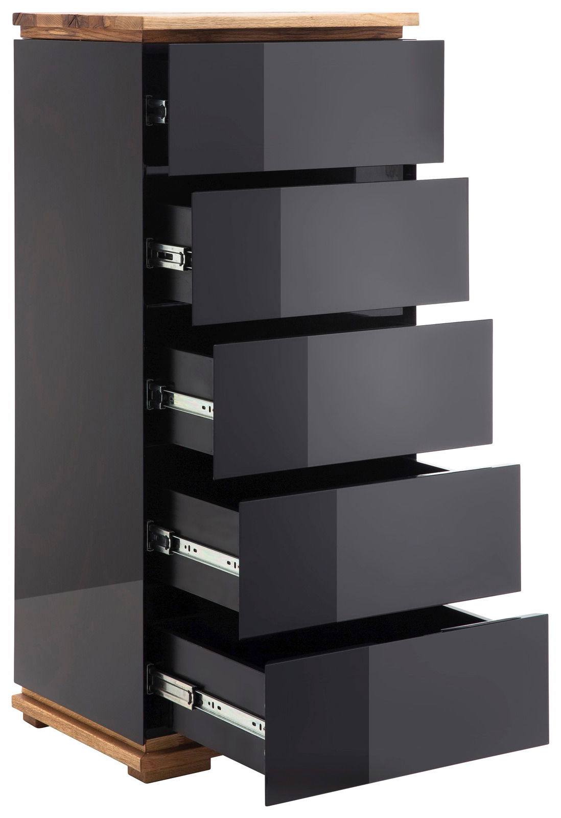 Hochkommode mit fünf geöffneten Schubladen, schwarze Hochglanzfronten und Holzoberfläche, seitliche Perspektive