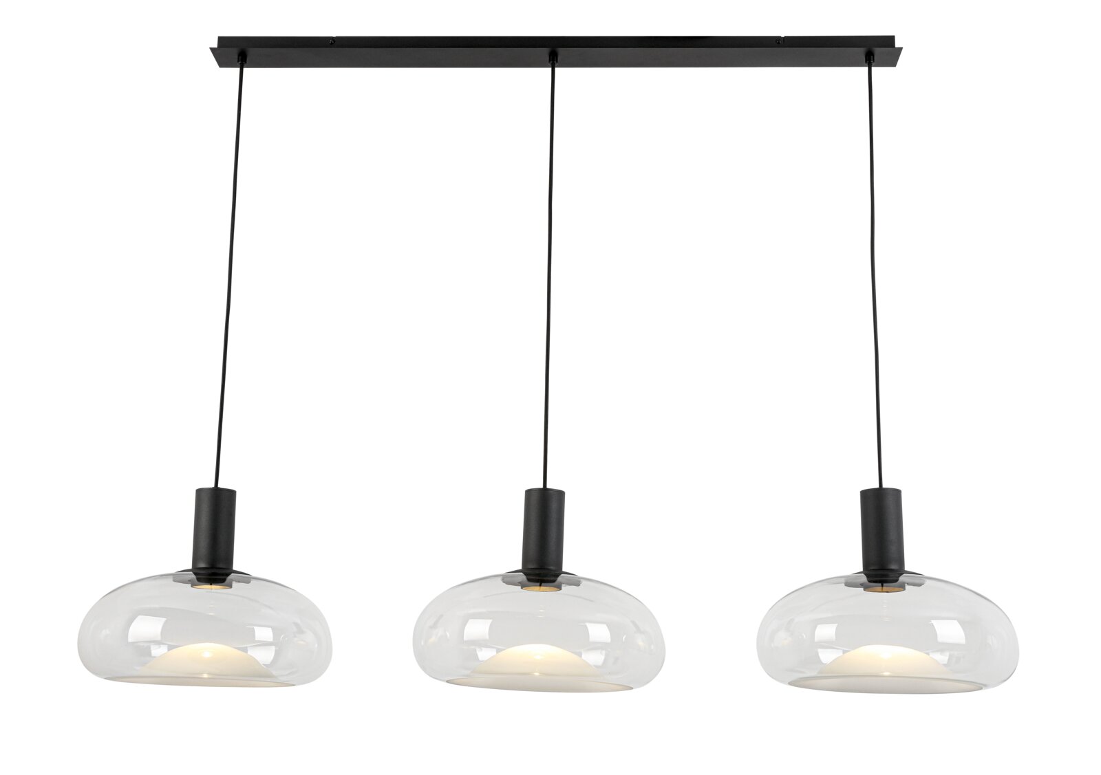 Moderne Hängeleuchte mit drei klaren Glaskuppeln, von vorne betrachtet.