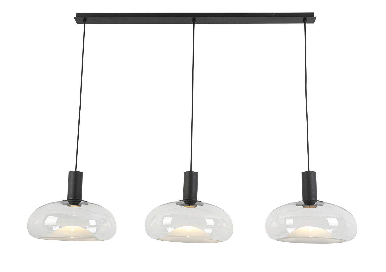 Moderne Hängeleuchte mit drei klaren Glaskuppeln, von vorne betrachtet.