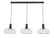 Moderne hanglamp met drie heldere glazen koepels, gezien vanaf de voorkant.