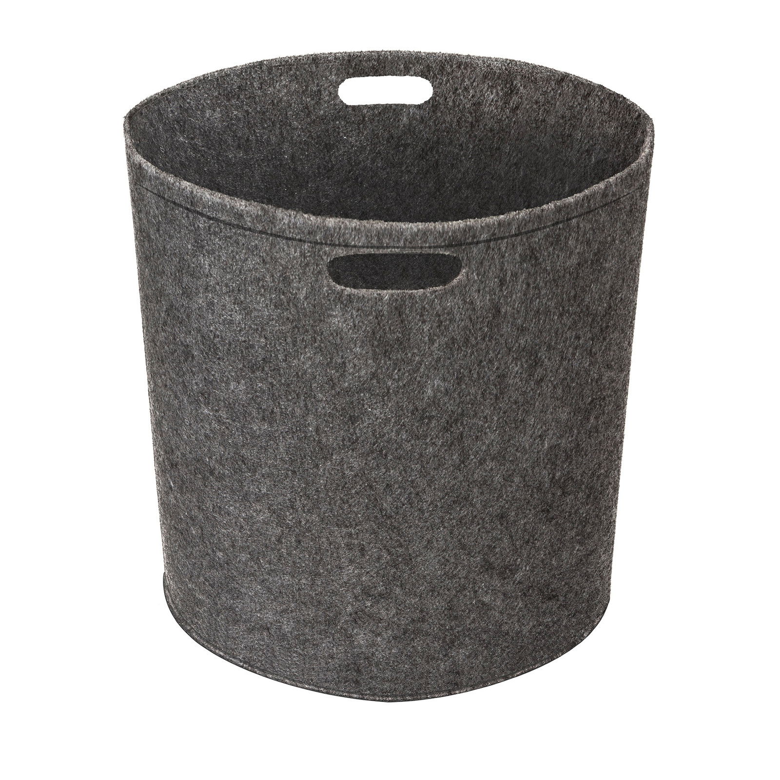Grauer Filz-Papierkorb mit ovalen Grifföffnungen, seitliche Perspektive