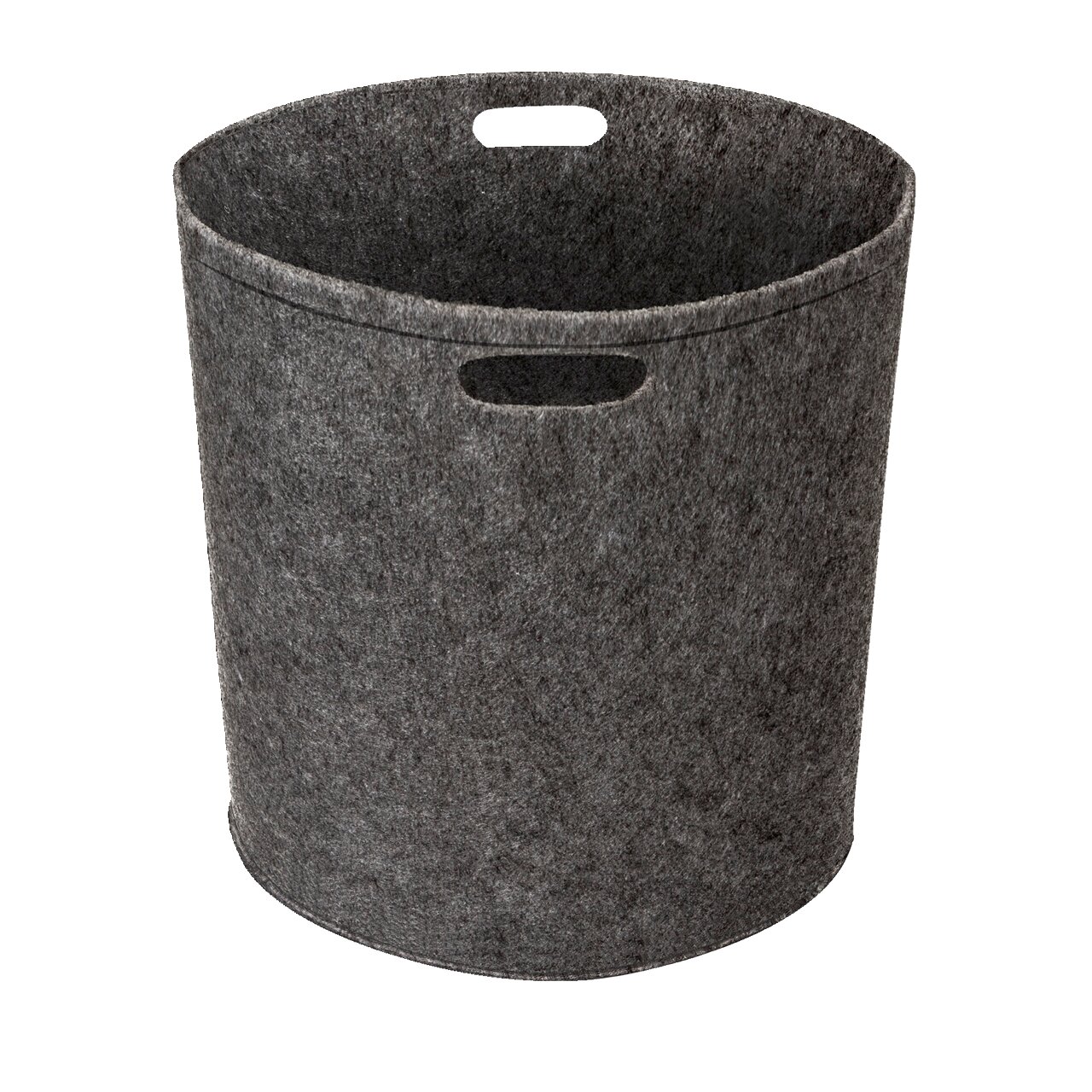 Grauer Filz-Papierkorb mit ovalen Grifföffnungen, seitliche Perspektive