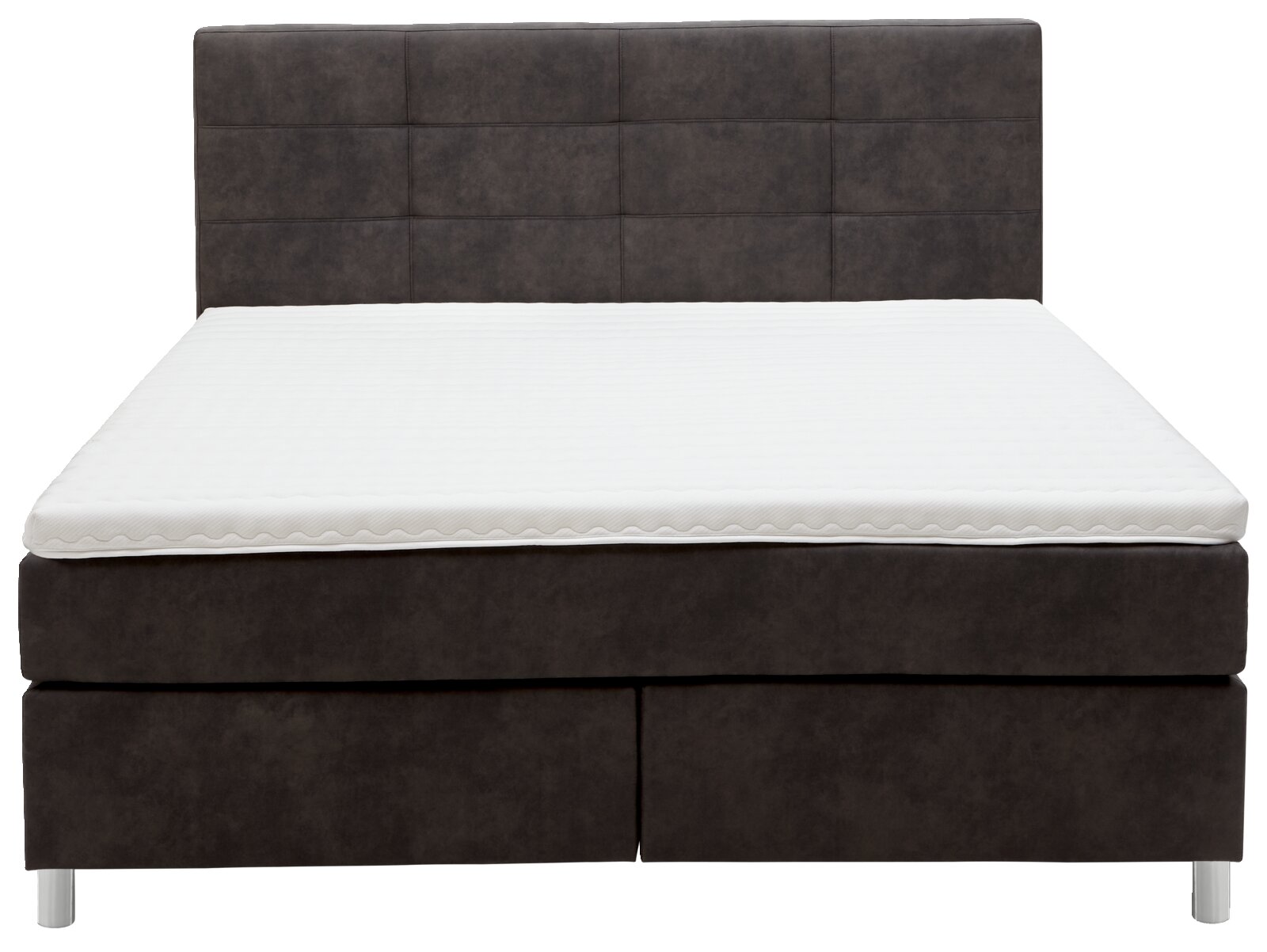 Frontale Ansicht eines modernen Boxspringbetts mit dunklem Kopfteil und weißer Matratze.