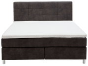 Frontale Ansicht eines modernen Boxspringbetts mit dunklem Kopfteil und weißer Matratze.
